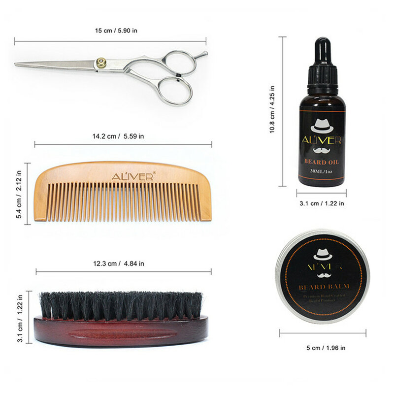 ALIVER Men's Beard Care Kit Styling Five-piece Tools Paste Oil Template Wood Comb facial  Brush Scissors  Of  Beard Suit Any Ski