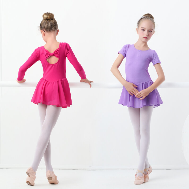 Балетное платье, гимнастическое трико для девочек, детская балетная одежда с коротким рукавом, шифоновые юбки, детские танцевальные трико с бантом