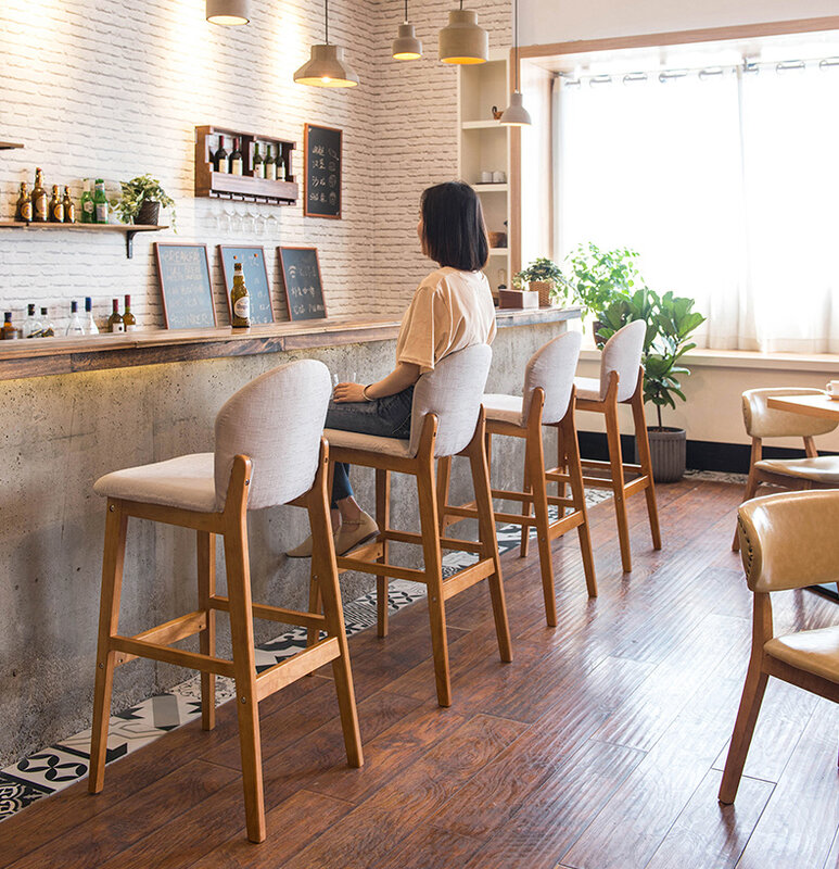 Silla de Bar de madera maciza minimalista moderna, con respaldo alto taburete de bar, taburete para el hogar