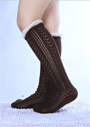 Spedizione gratuita! 2015 New Knitting Boot Socks scaldamuscoli donna Lace Trim polsini piatti giù Knit Warmers calzini caldi