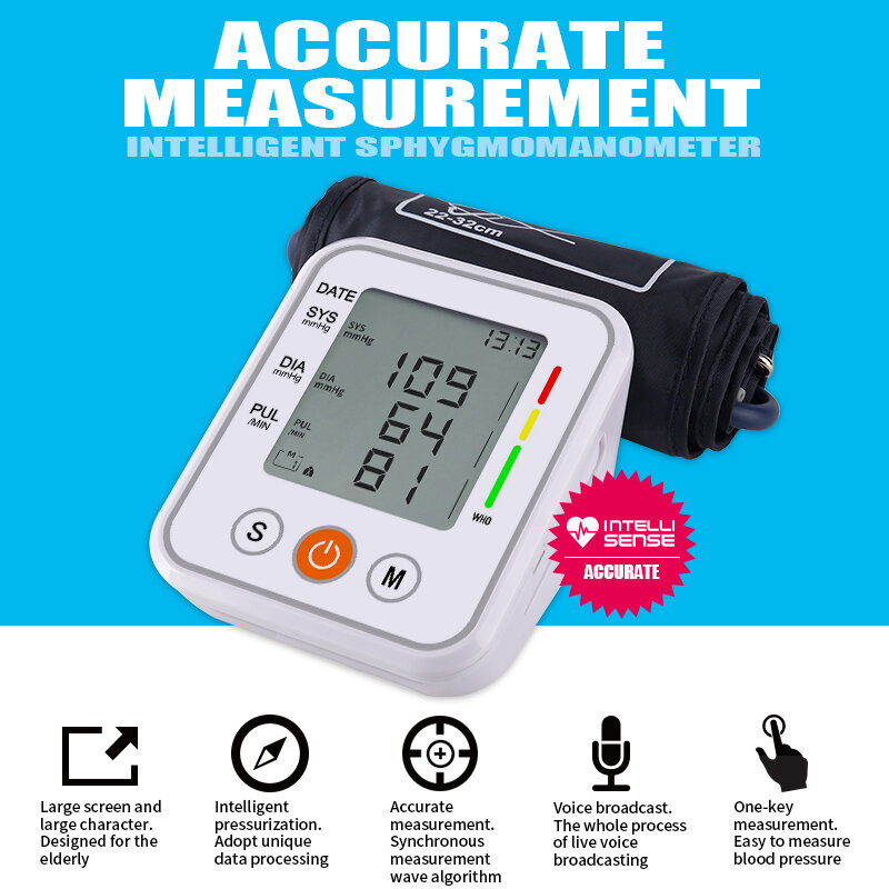 Portable Automatic Upper Arm Blood Pressure Monitor pressao Cuff Tonometer Arm Sphygmomanometer Tensiometer Bp Heart Rate Meter
