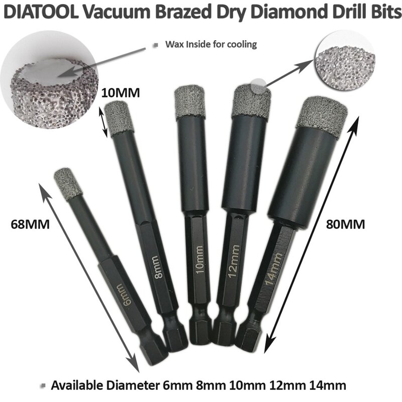 DIATOOL 3PK (6MM+8MM+10MM)Vaccum Brazed Diamond drilling bits for stone, porcelain/tile,Masonry, Dry drilling, quick-fit Shank