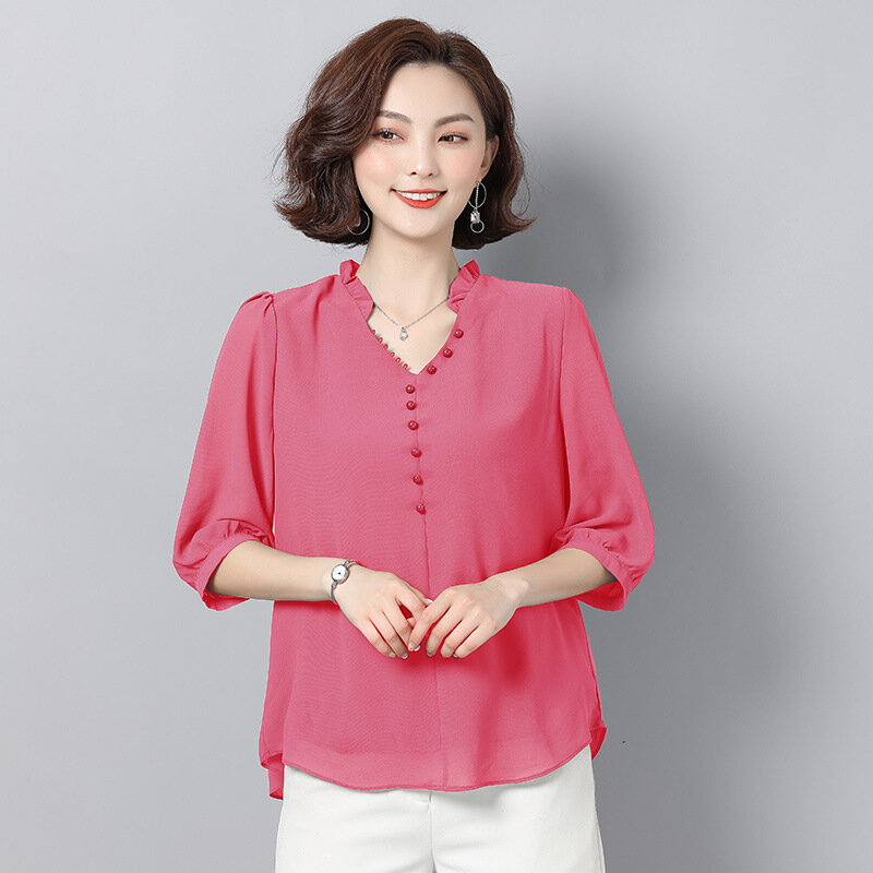 Summer Half Sleeve Fashion Chiffon Shirt Middle-aged Women Large Size Loose Blouses Pure Color V Collar Mother Top Shirts H9087