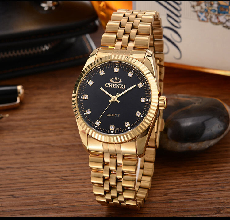 Chenxi-女性と男性のためのステンレス鋼の愛好家の腕時計、クォーツアナログ腕時計、金色のカップルの時計、高級ファッション