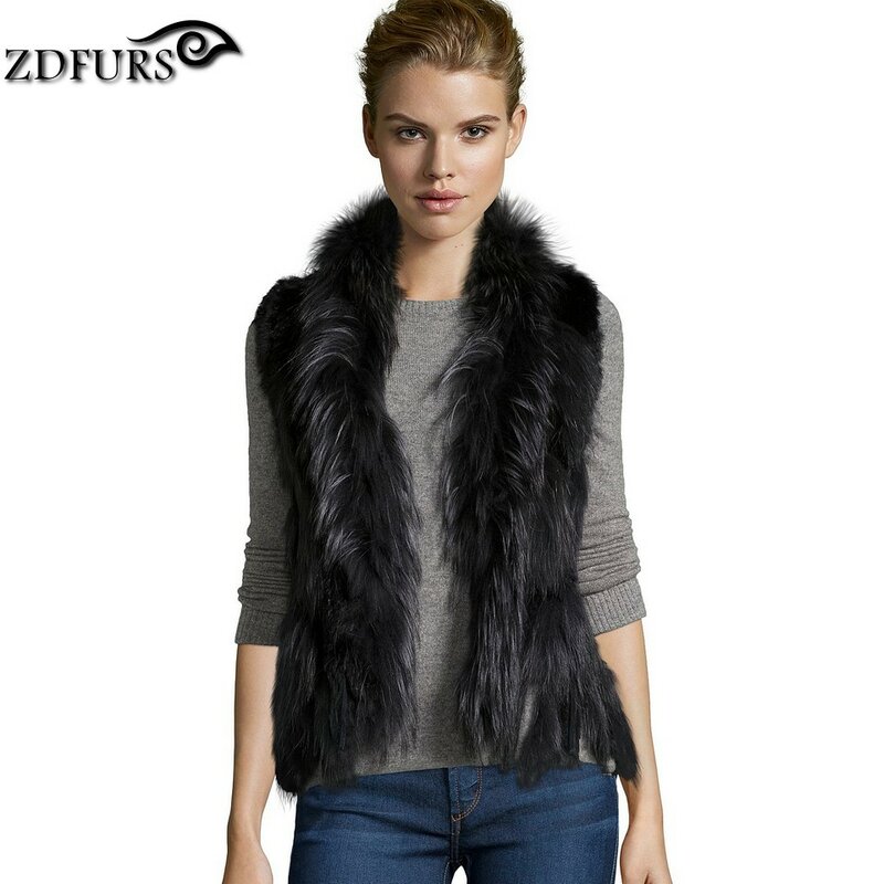 ZDFURS * high quality  hot sale knitted rabbit fur vest raccoon dog fur collar  knitted vest rabbit fur waistcoat   ZDKR-165005