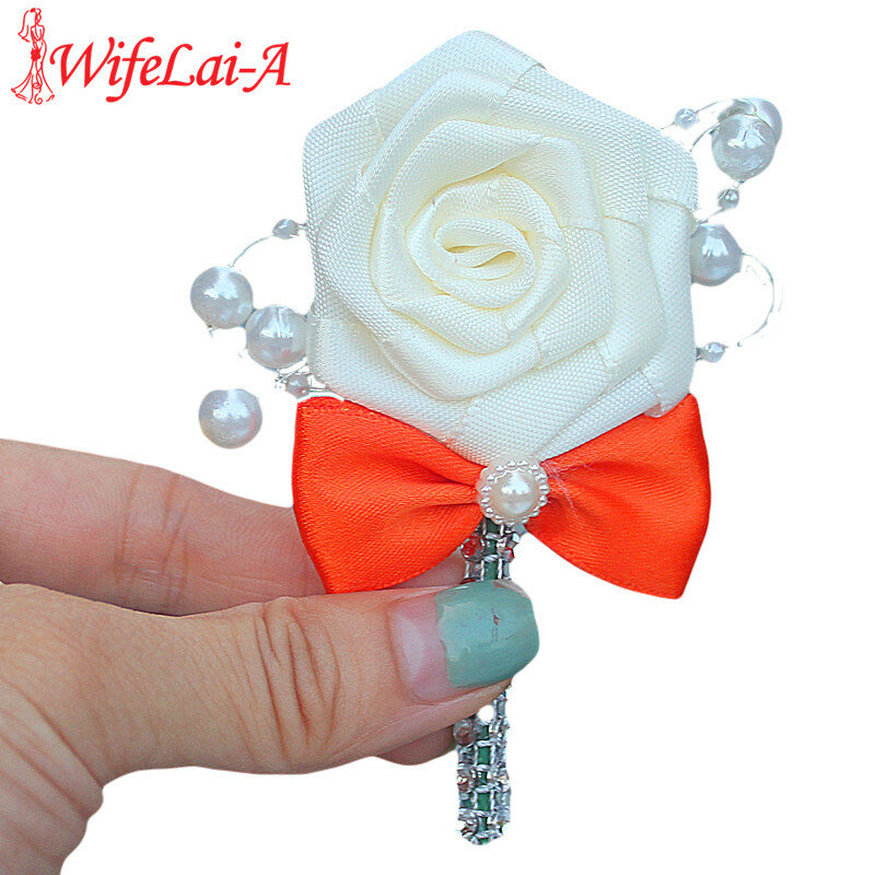 Pajarita naranja de flor de Rosa de marfil para hombres, corsajes de boda, broche de perlas de novio, X8715, venta al por mayor