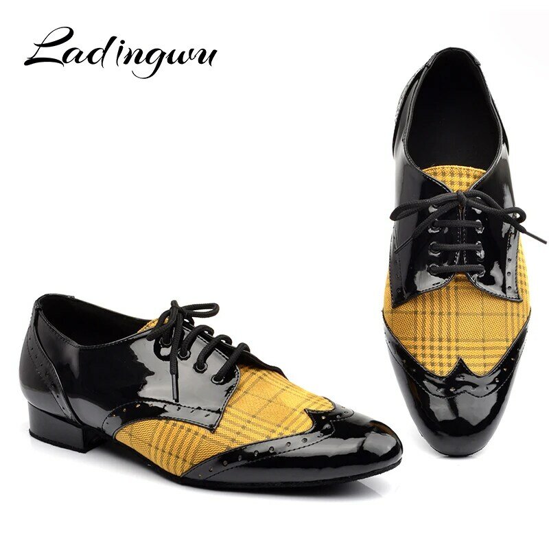 Ladingwu Pria Bertumit Rendah Sepatu Tari Latin Pria Salsa Tango Ballroom Dance Sepatu PU dan Flanel Kuning biru Kisi