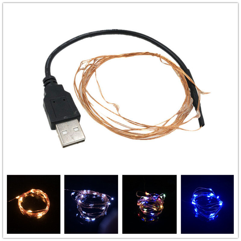 Tira de luces LED alimentada por USB, cinta de alambre de cobre RGB, iluminación de hadas al aire libre, árbol de Navidad, DC 5V, 2M, 20LED
