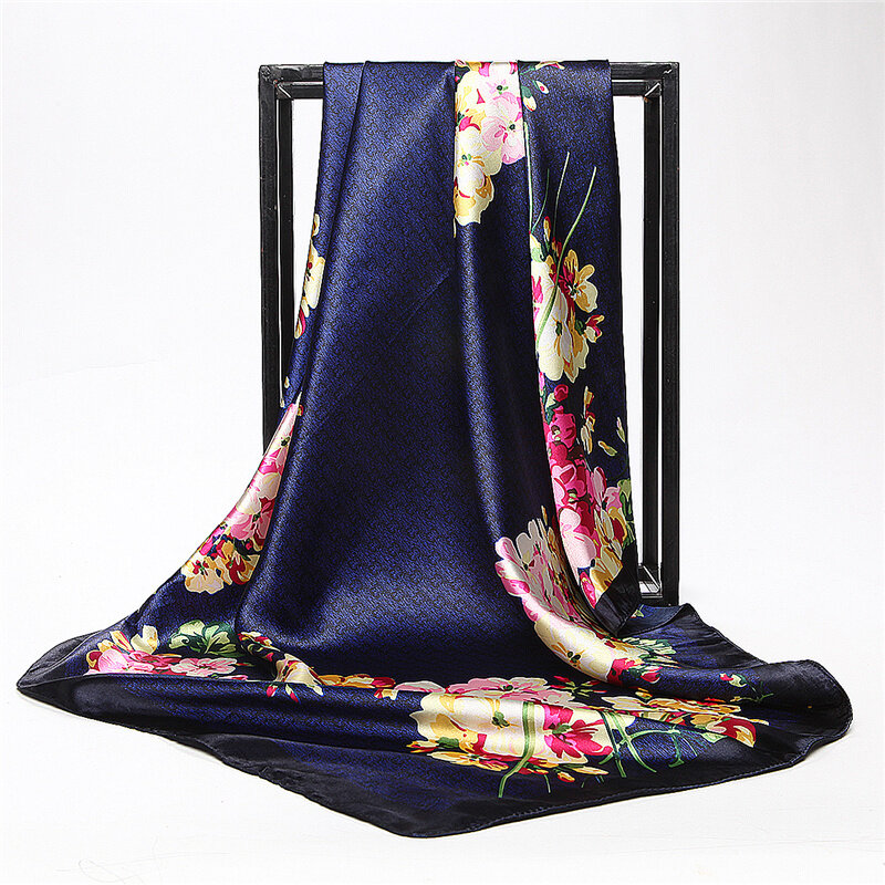 Fashion Flower Print Large Square Scarves For Ladies Accessories Luxury Brand Wraps Shawls Silk Head Women Scarf Foulard 90cm