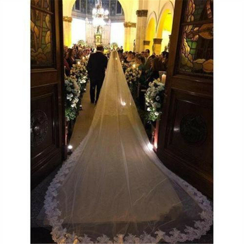 Véu longo 1 camada véu de casamento laço véu de noiva véu catedral em branco, branco, marfim