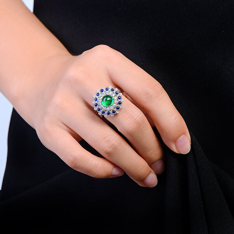 Caimao cabochon corte 1.85ct esmeralda natural 18k ouro branco auréola diamante safira anel de noivado para mulher