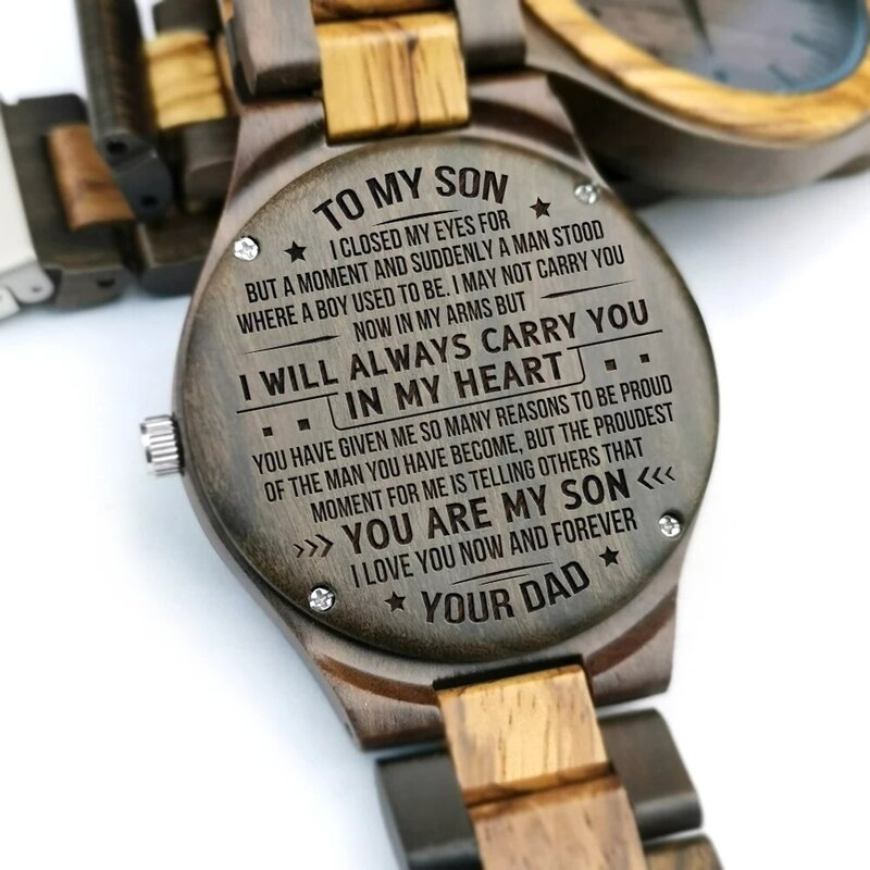 Do mojego syna-ja zawsze przenoszenia cię w moim sercu od tata lub mama grawerowane drewniane zegarek Zebra drewniane czarne Sandalwood męska prezenty