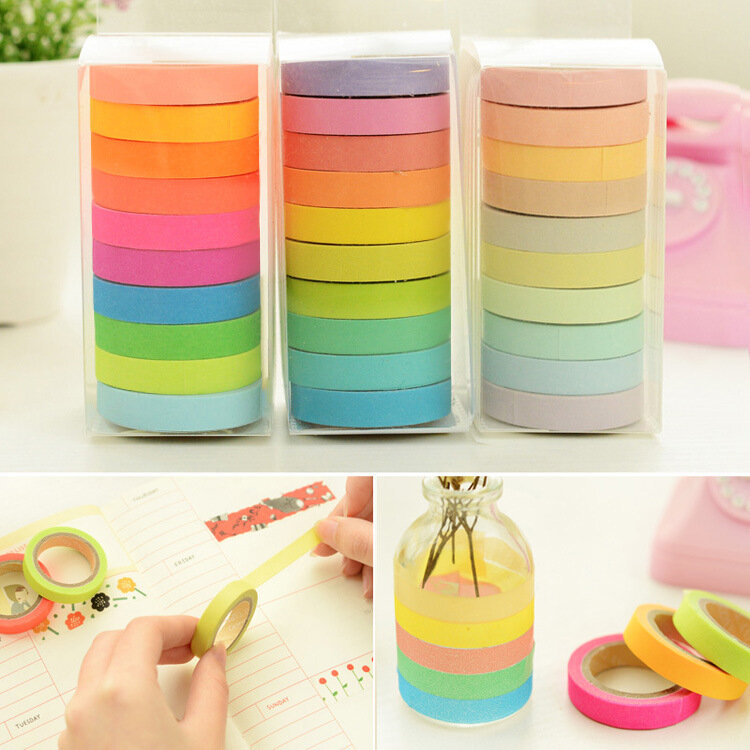10 sztuk/pudło Rainbow Solid Color japoński maskowanie Washi rolka do czyszczenia ubrań taśma klejąca drukowanie DIY Scrapbooking Deco Washi...