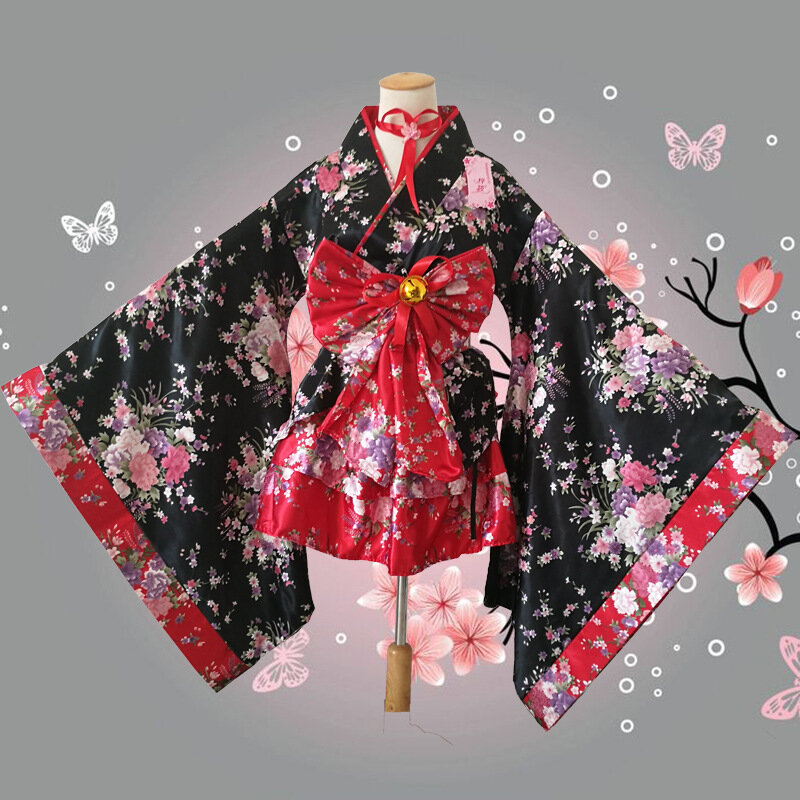 여성 섹시한 기모노 유카타 패션 로리타 드레스, 오비와 꽃 기모노 일본 코스프레 의상