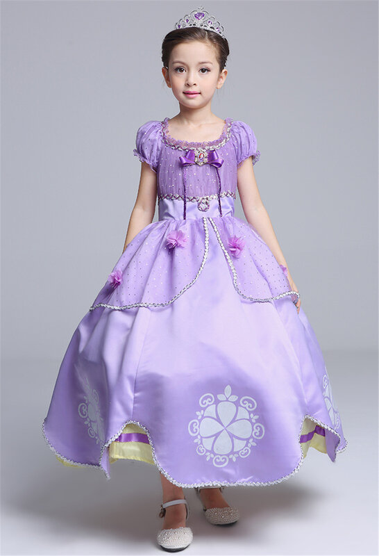 عيد الميلاد بنات الأميرة صوفيا فستان طول الأرض كرنفال تنكر الطفل صوفيا زي 5 طبقات الأرجواني طول الأرض الكرة ثوب