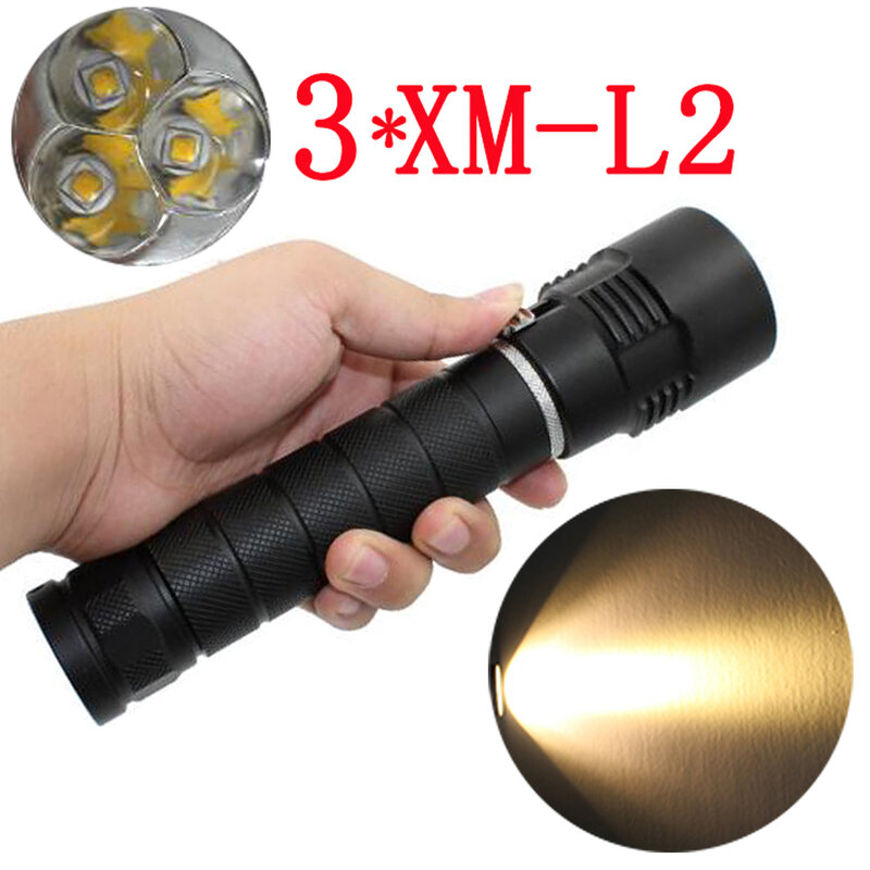 Tactical 3x XM-L2 LED Flashlight 3200Lm Powerful Waterproof Underwater Dive LED Diving Flashlight Torch Lamp Yellow Light