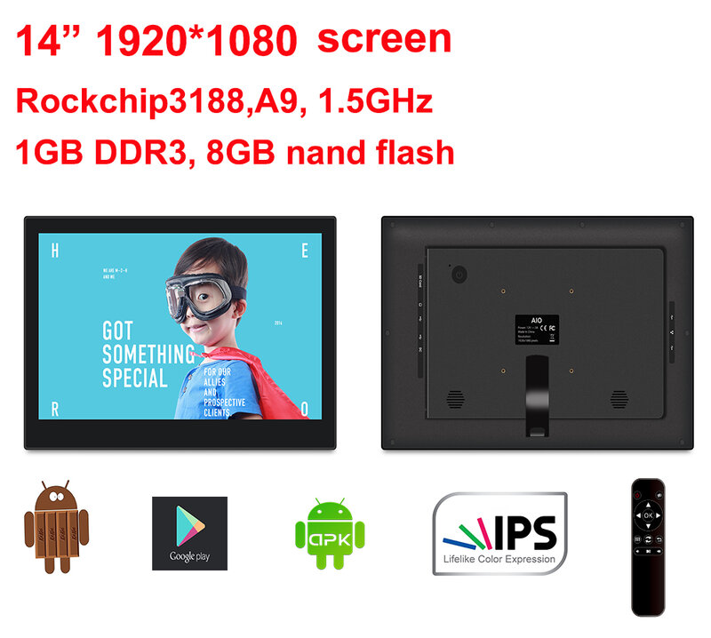 14 "Android All In One Pc Met Afstandsbediening (Geen Touch, Quad Core, 1.6Ghz, 1Gb DDR3, 8Gb Nand, IPS1920 * 1080, Bluetooth, 100*100Mm Vesa)