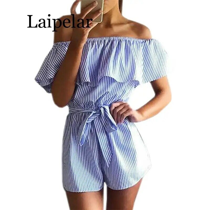Ruffles Slash Neck Beach Playsuits Summer Women Striped Jumpsuits Girls Sexy Casual Playsuit Overalls With Belts Femininos