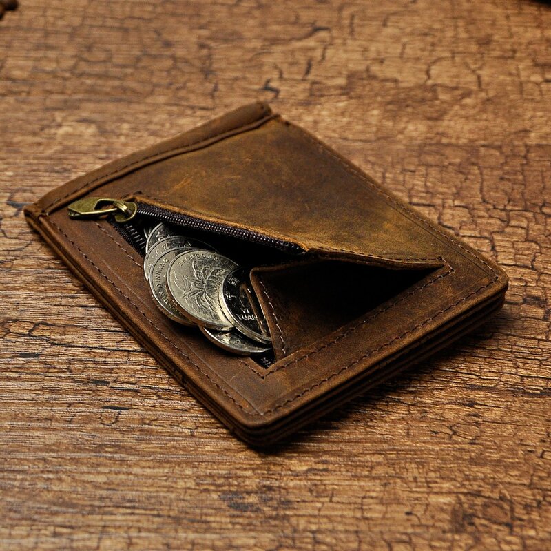 Cartera delgada de cuero genuino para hombre, Mini monedero de bolsillo frontal con Clip, 1098