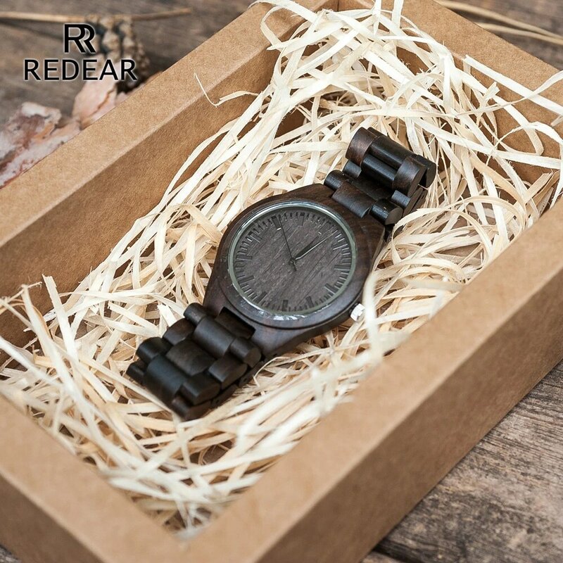 REDEAR Handmade czarne Sandalwood zegarki zakochanej zegarki fajne natura drewno kwarcowy zegarek automatyczny w pudełko do kobiety