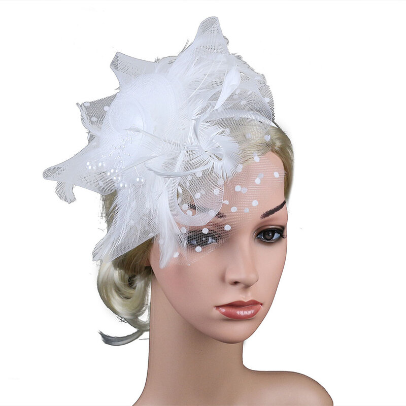 Koktajl kobiety z pałąkiem na głowę akcesoria do włosów Vintage Prom Girls sztuczne pióro dla nowożeńców Mesh Flower Fascinators ślubne nakrycie głowy