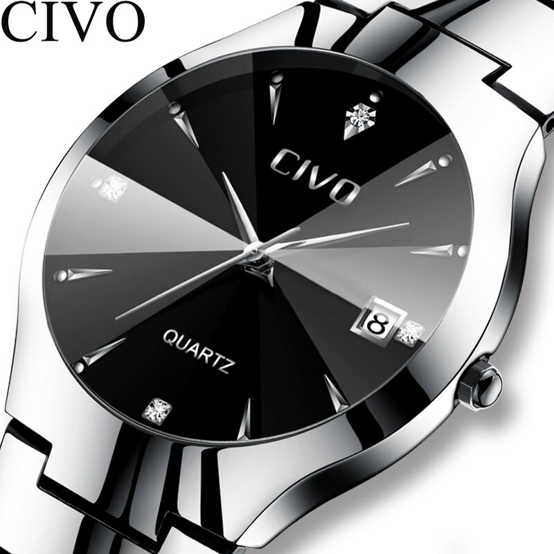CIVO Luxury Couple Watches Black Silver Full Steel Waterproof Date Quartz Watch Men For Man Women Clock Gift For Lover Wife