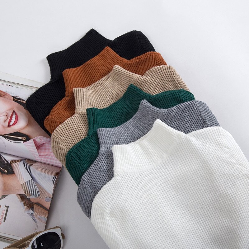 Pull chaud tricoté élastique pour femme, Slim, col roulé, décontracté, à la mode, collection automne hiver 2018