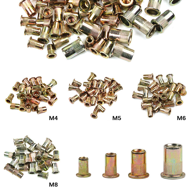 100PCS Carbon steel M4 M5 M6 M8 Rivet Nuts Flat Head Rivet Nuts Set Mulit-size Nuts Insert Riveting