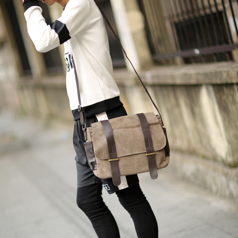 Tas bahu pria, gaya Korea, selempang perjalanan tas tangan Santai Tas kurir kanvas tas mahasiswa