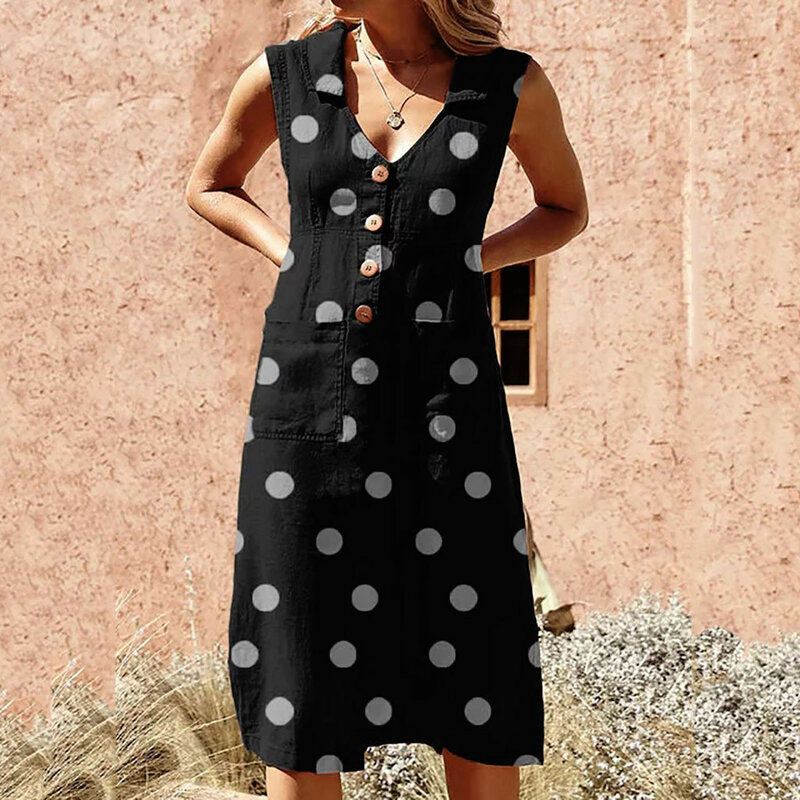 Las mujeres elegante Polka-Dot, Mid-Calf vuelta-abajo de cuello en V vestido botón bolsillo vestido de verano vestido de 2019 #0516