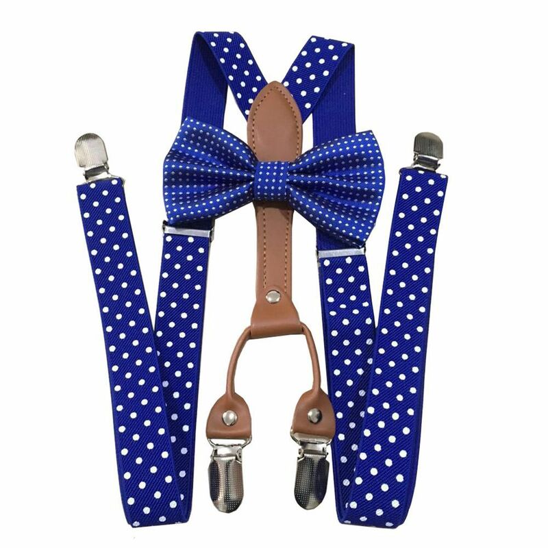 Yienws Polka Dot Bow Tie Suspenders for Men Women 4 Clip Leather Suspensorio Adult Bowtie Braces for Trousers Navy Red YiA119