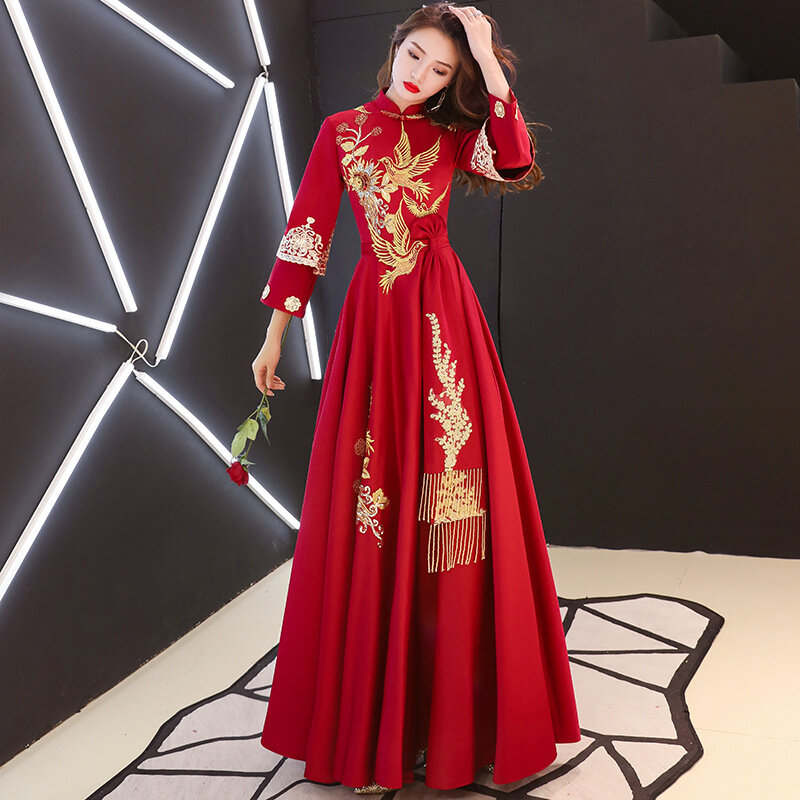 中国の伝統的な刺繍ロングチャイナドレスvestidosチノパン東洋袍イブニングドレスクラシックパーティードレスサイズS-XXL