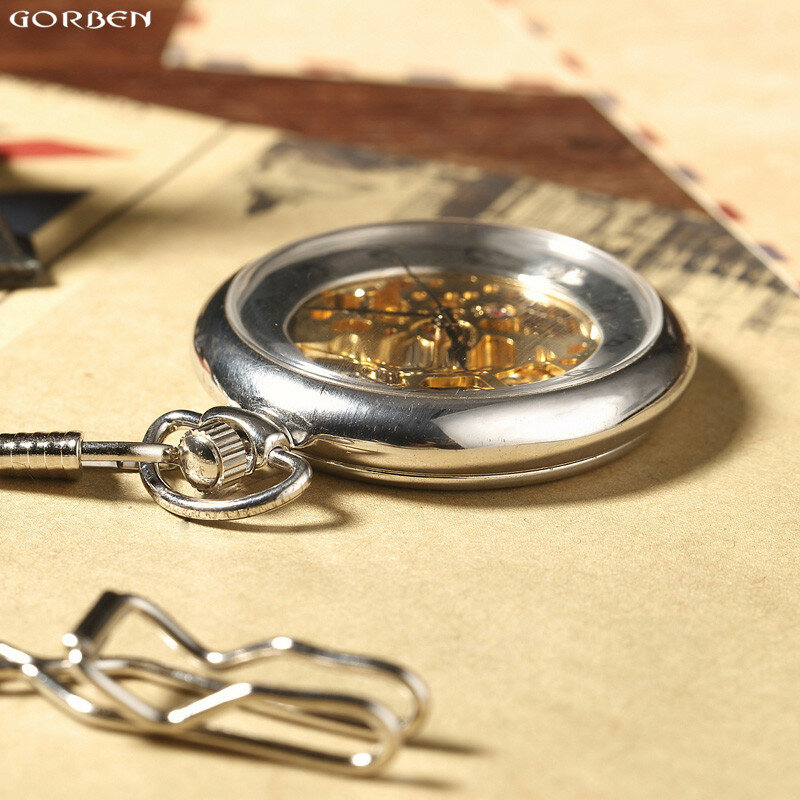 Luksusowy, szkieletowy, steampunkowy, mechacniczny zegarek kieszonkowy z na łańcuszku FOB, gładką stalową metalowy zegar ręcznie nakręcany zegarków z wisiorkiem