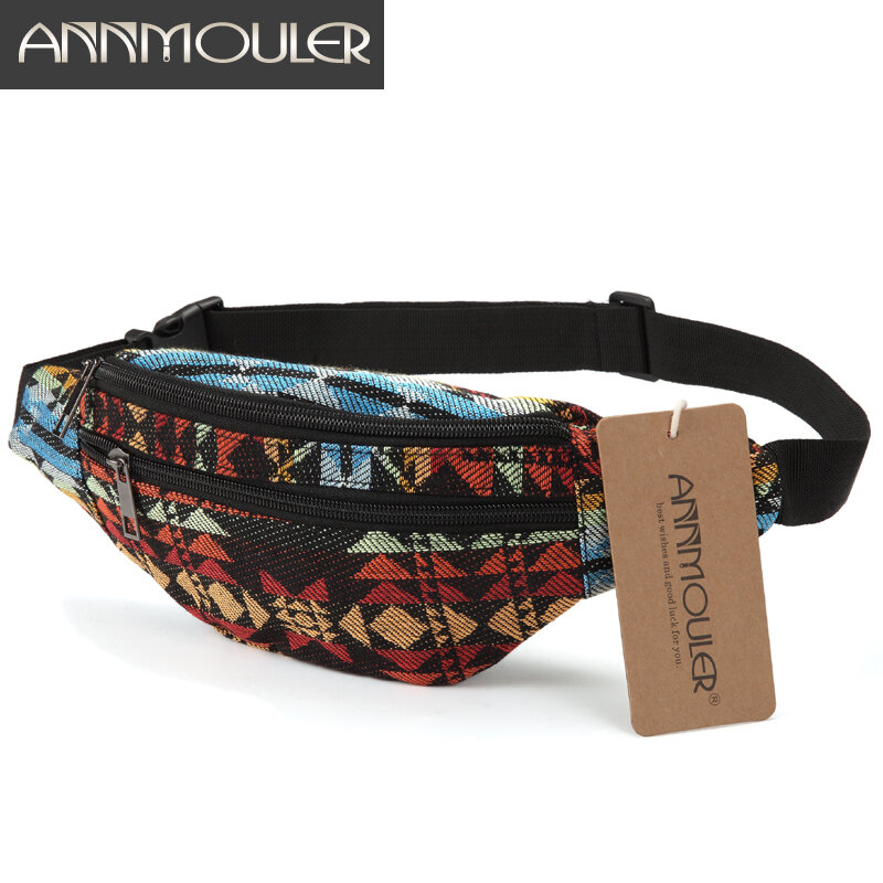 Annmouler-Riñonera estilo bohemio para mujer, 2 bolsillos, 8 colores, de tela, para cintura, bolsa de viaje para teléfono
