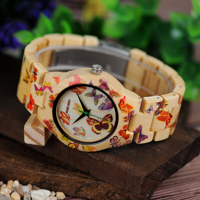 BOBO BIRD O20 나비 프린트 여성 시계, 모든 대나무로 만든 쿼츠 손목 시계, 여성용 나무 선물 상자