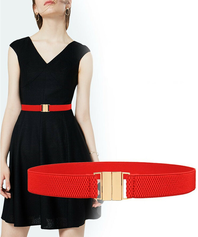 Faja ancha para mujer, cinturón elástico de color rojo, liso, informal, con hebilla dorada, para vestido de boda