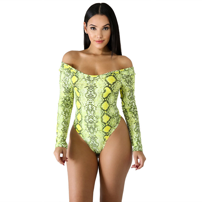 2019 Sexy Print Women Playsuits Long Sleeve Pattern Snakeskin Playsuit Hot Selling Cotton Skinny Bodysuits Overalls