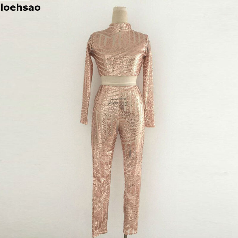 New Fashion Sexy Slim Black Red Gold Bodycon Bandage Playsuit Hollow Out Sequined Women Bodysuit Bandage Jumpsuits Pencil Pants