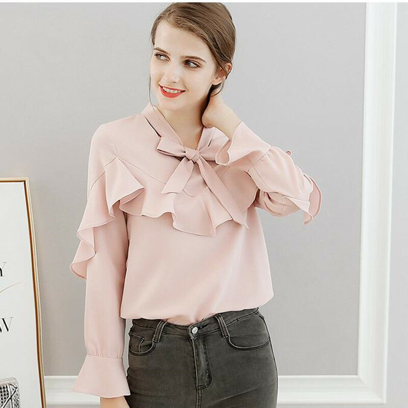 Camisa de gasa de manga larga para mujer, blusa Coreana de Color puro con lazo, Top elegante informal para primavera y verano, H9080