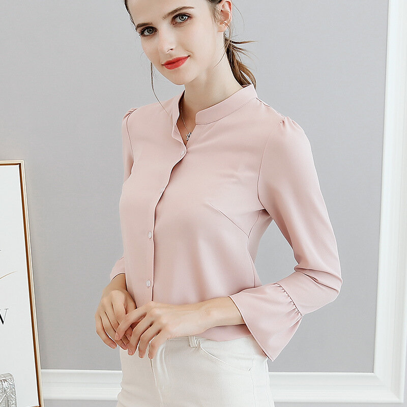 Женская шифоновая рубашка с длинным рукавом, однотонная блузка для офиса, приталенная рубашка для отдыха, H9115, весна-лето