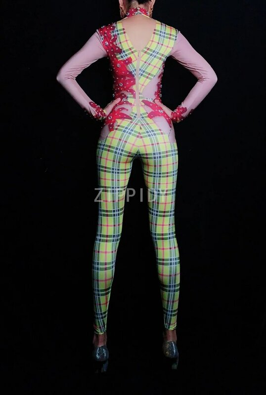 Fashion Rhinestones Plaid Pattern Spandex Jumpsuit Bar Nightclub Women Singer Dance Show Bodysuit Leggings Wear Outfit