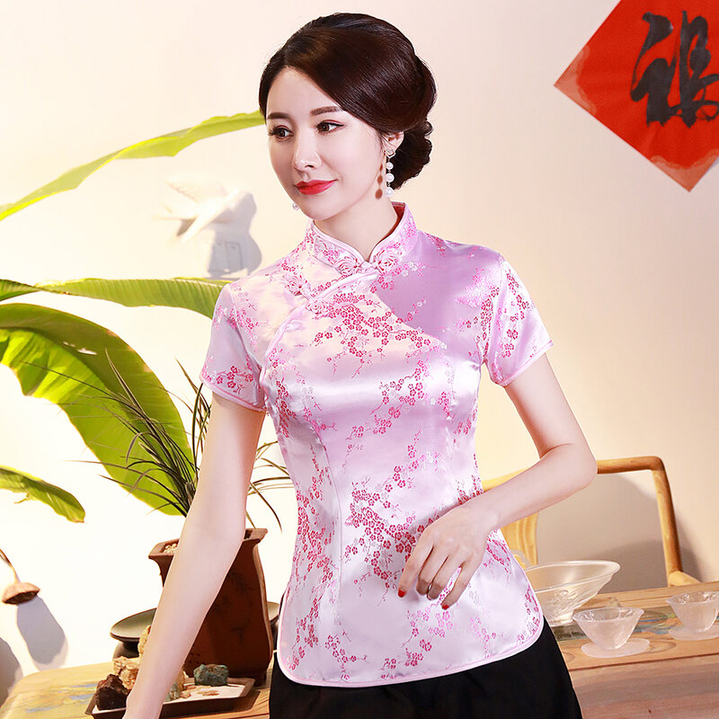 Восточный Стиль женские традиционные Новая летняя футболка в полоску с цветочным принтом из искусственного шёлка китайский блузка большого размера 3XL 4XL элегантные розовые Топы Одежда Tang