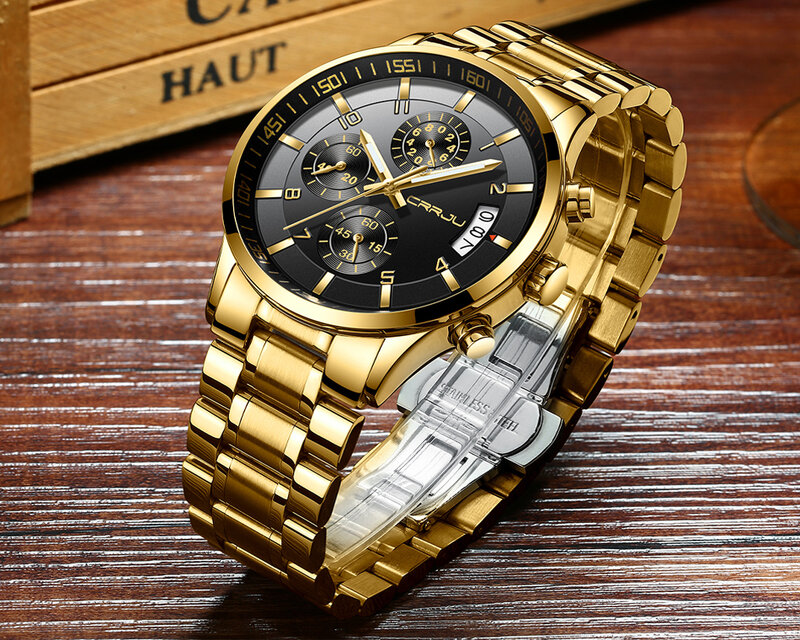 CRRJU – montre-bracelet à Quartz pour hommes, chronographe Durable, décontractée, Business, or, noir, entièrement en acier, étanche, 2214