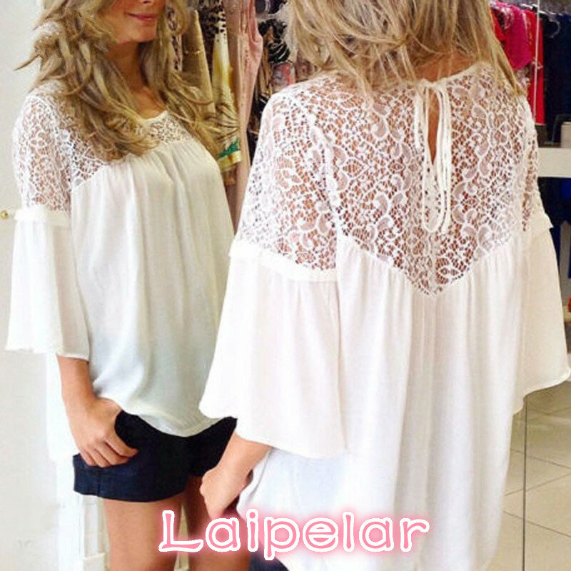 Laipelar Women Shirts  Summer Style Blusas Chiffon Patchwork Lace Solid Shirt Casual Loose White Blouses Tops Plus Size