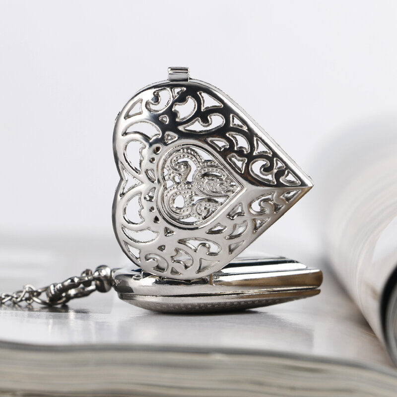 Moda srebrny w kształcie serca piękny Hollow elegancki zegarek kieszonkowy kwarcowy naszyjnik wisiorek dla kobiet panie prezenty urodzinowe dla dziewczynek 2022