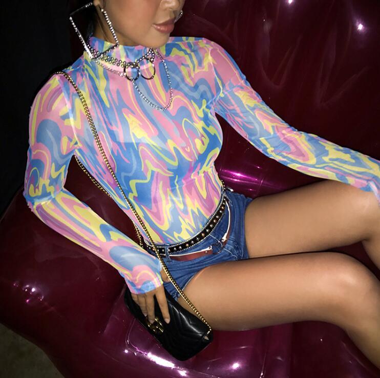 Mujer Sexy colorido estampado malla Bodi femenino Club actuación de fiesta Casual Tops camisetas R733