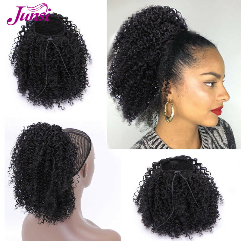 JUNSI-coleta Afro corta y rizada con cordón para mujer, extensiones de cabello sintético con Clip, cola de caballo