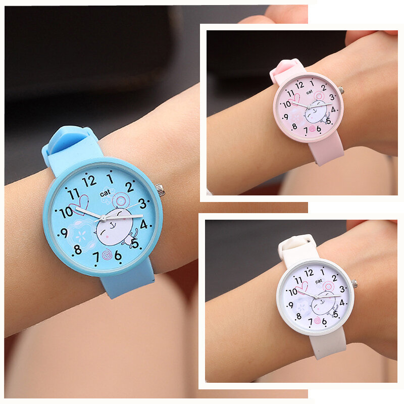 Silikonowe cukierki kolor zegarek dziecięcy dziewczyny zegar studencki moda sukienka dla dzieci zegarki kwarcowe słodki kociak wzór chłopiec zegarki dla dzieci