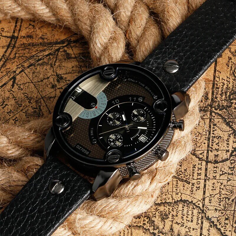 Moda relógio masculino grande dial cinto de aço inoxidável relógio esportivo universal relógio de pulso preto cor marrom