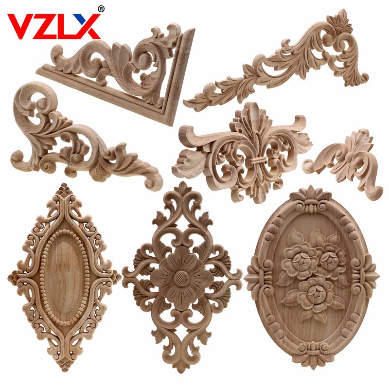 VZLX unico floreale naturale intagliato in legno figurine in legno artigianato angolo Appliques cornice porta a muro mobili scultura in legno decorativo
